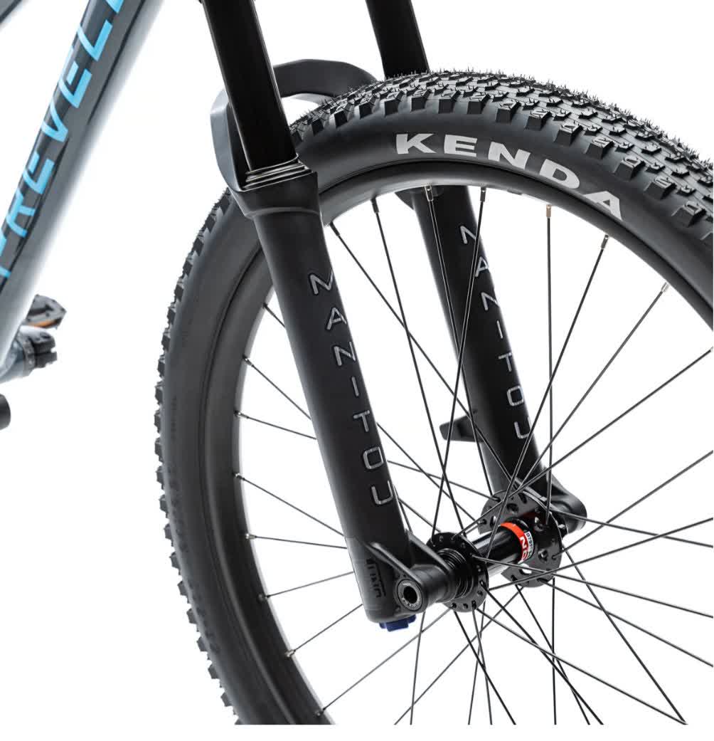 Prevelo Bravo Four Manitou J-Unit fork and Kenda Booster tire close-up